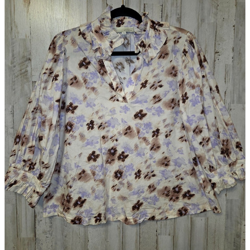 Anthropologie Pinch size L Ruffle Top Blouse Puff sleeve Floral Flare Cotton